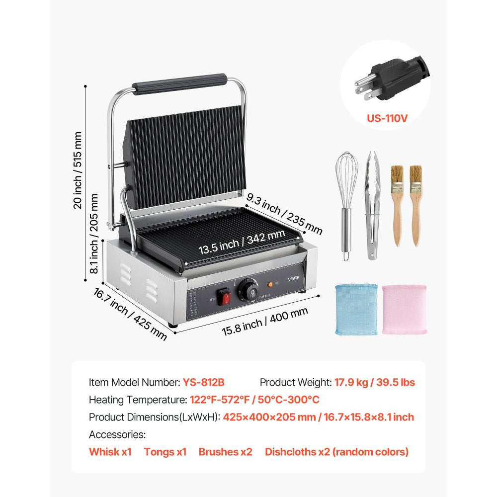 VEVOR Commercial Panini Grill, 1800W Electric Sandwich Panini Maker, Stainless Steel Sandwichs Press with Handle and Temp Control, 13.5x9.3 in Full Grooved Enamel Plate, for Hamburger Steak Bacon