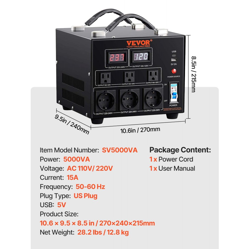 VEVOR Voltage Converter Transformer, 5000W, Heavy Duty Step Up/Down Transformer, Convert from 110 Volt to 220 Volt and  from 220 Volt to 110 Volt, with US Outlet EU Outlet 5V USB Port, CE Certified