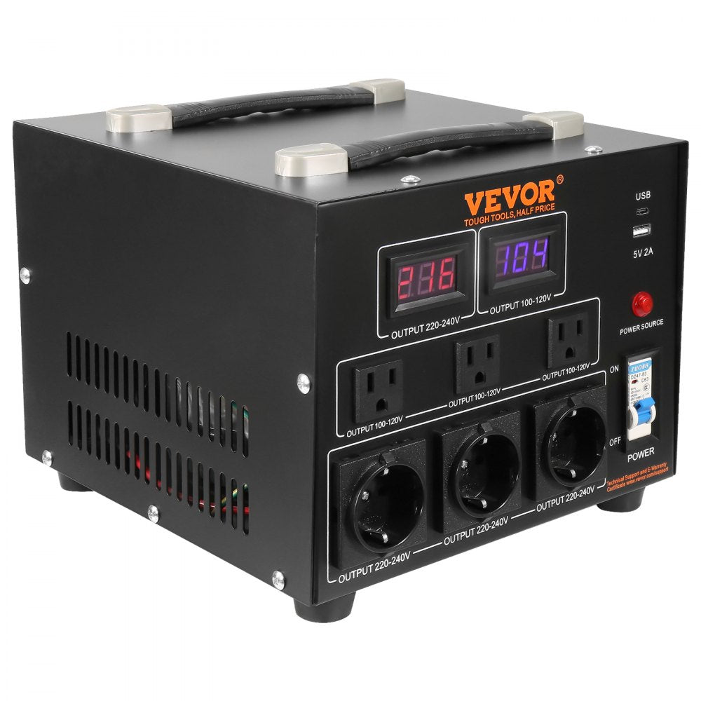 VEVOR Power Converter, 3000W, Durable Step Up/Down Unit, Switches between 110V and 220V, Includes US and EU Outlets plus 5V USB, CE Approved