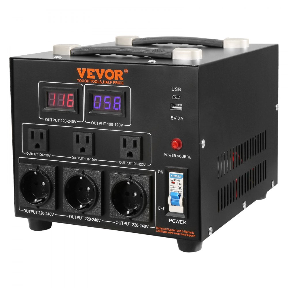 VEVOR Power Converter, 3000W, Durable Step Up/Down Unit, Switches between 110V and 220V, Includes US and EU Outlets plus 5V USB, CE Approved