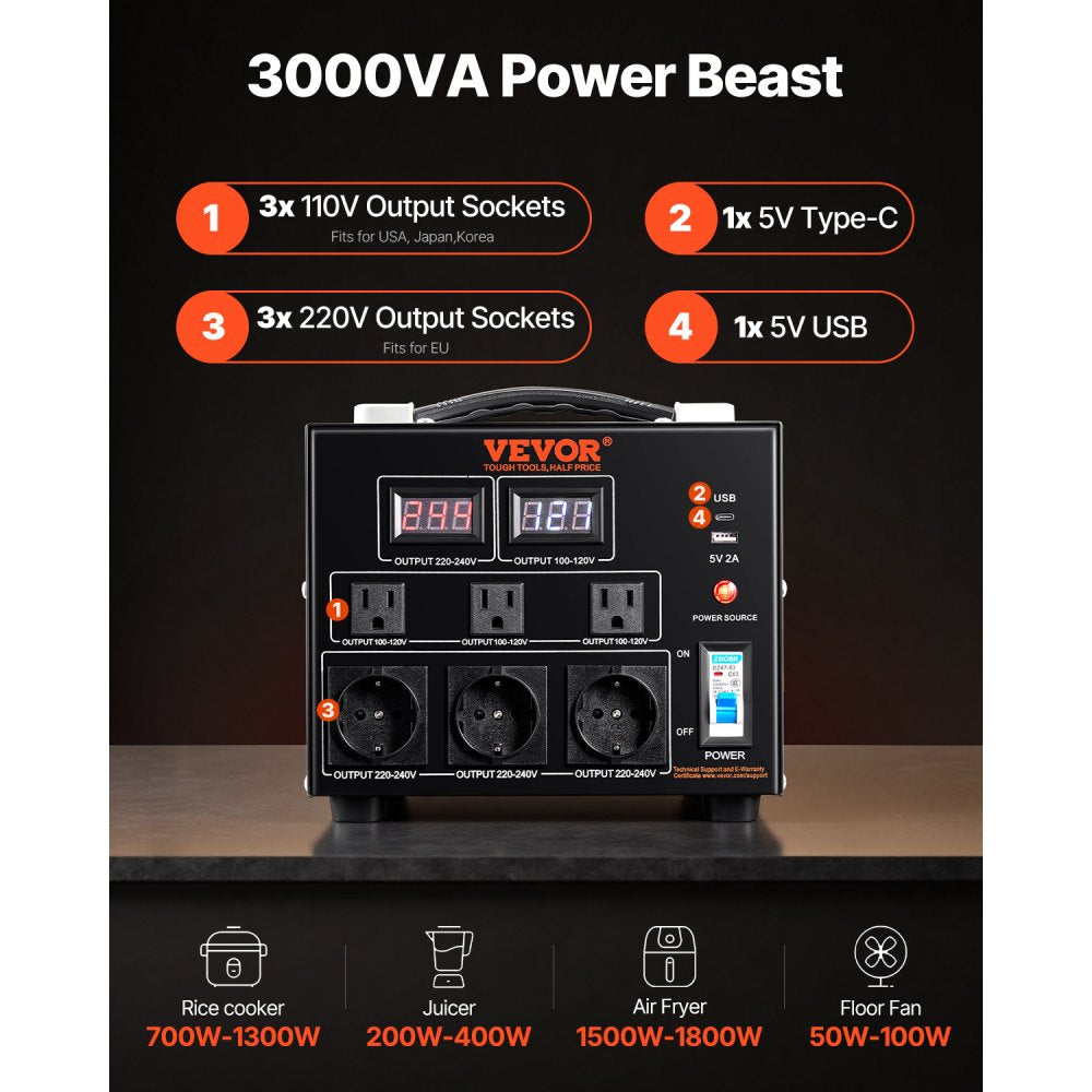 VEVOR Power Converter, 3000W, Durable Step Up/Down Unit, Switches between 110V and 220V, Includes US and EU Outlets plus 5V USB, CE Approved