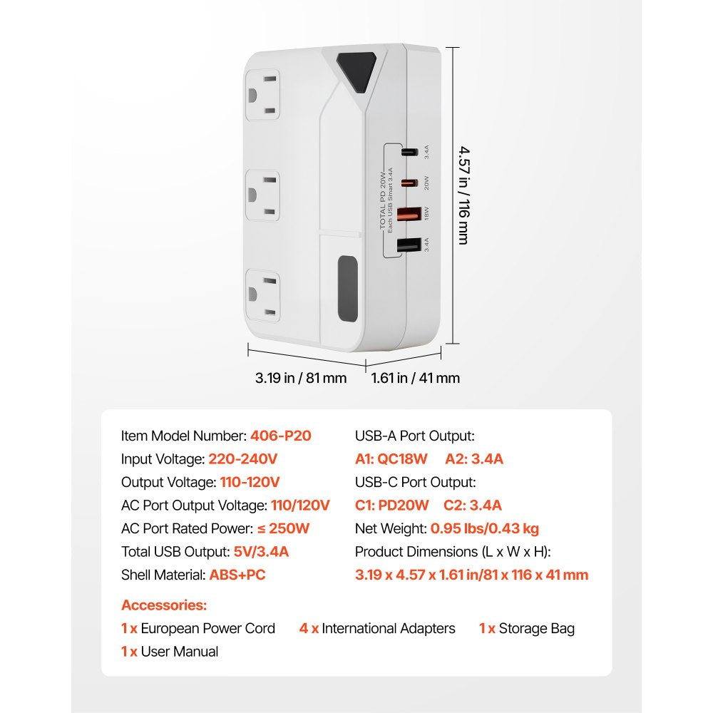 VEVOR Voltage Converter, 220V to 110V, International Universal Travel Adapter with 4 USB Ports (2 USB C), 3 AC Sockets, Plug Power Adapter, Step Down Transformer Outlet Converter, for EU UK AU US