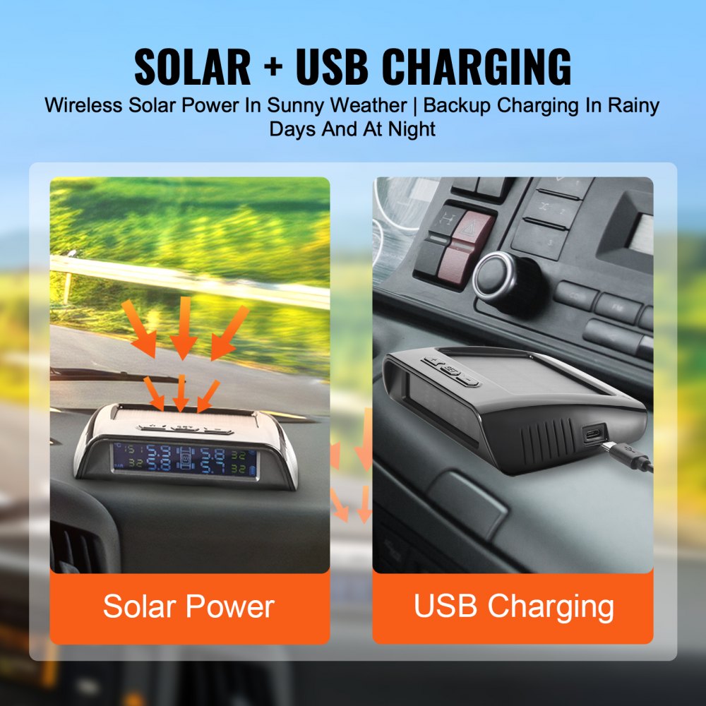 VEVOR RV Tire Pressure Monitoring System, 7.3-116 PSI Trailer TPMS, Universal Wireless Car Alarm System, Waterproof TPMS Sensors Set with Solar Charge, 6 Sensors, 5 Alarm Modes, and Real-time Display