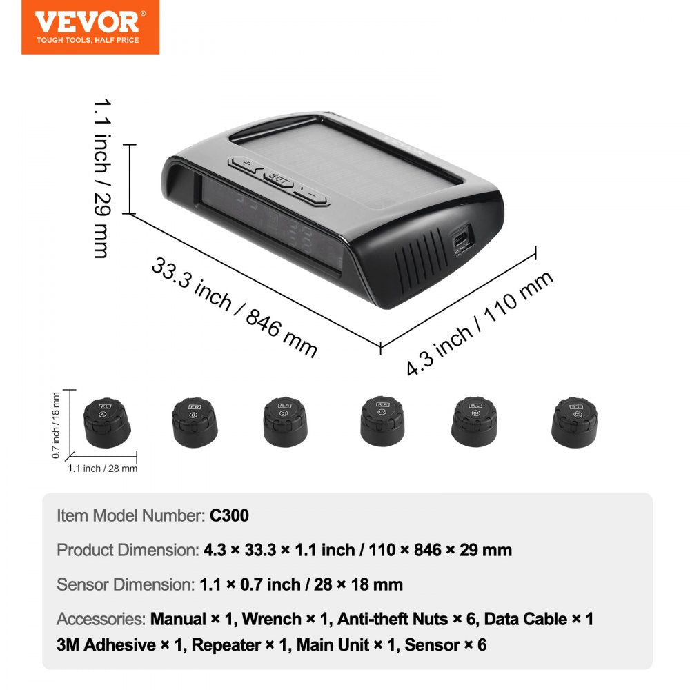 VEVOR RV Tire Pressure Monitoring System, 7.3-116 PSI Trailer TPMS, Universal Wireless Car Alarm System, Waterproof TPMS Sensors Set with Solar Charge, 6 Sensors, 5 Alarm Modes, and Real-time Display