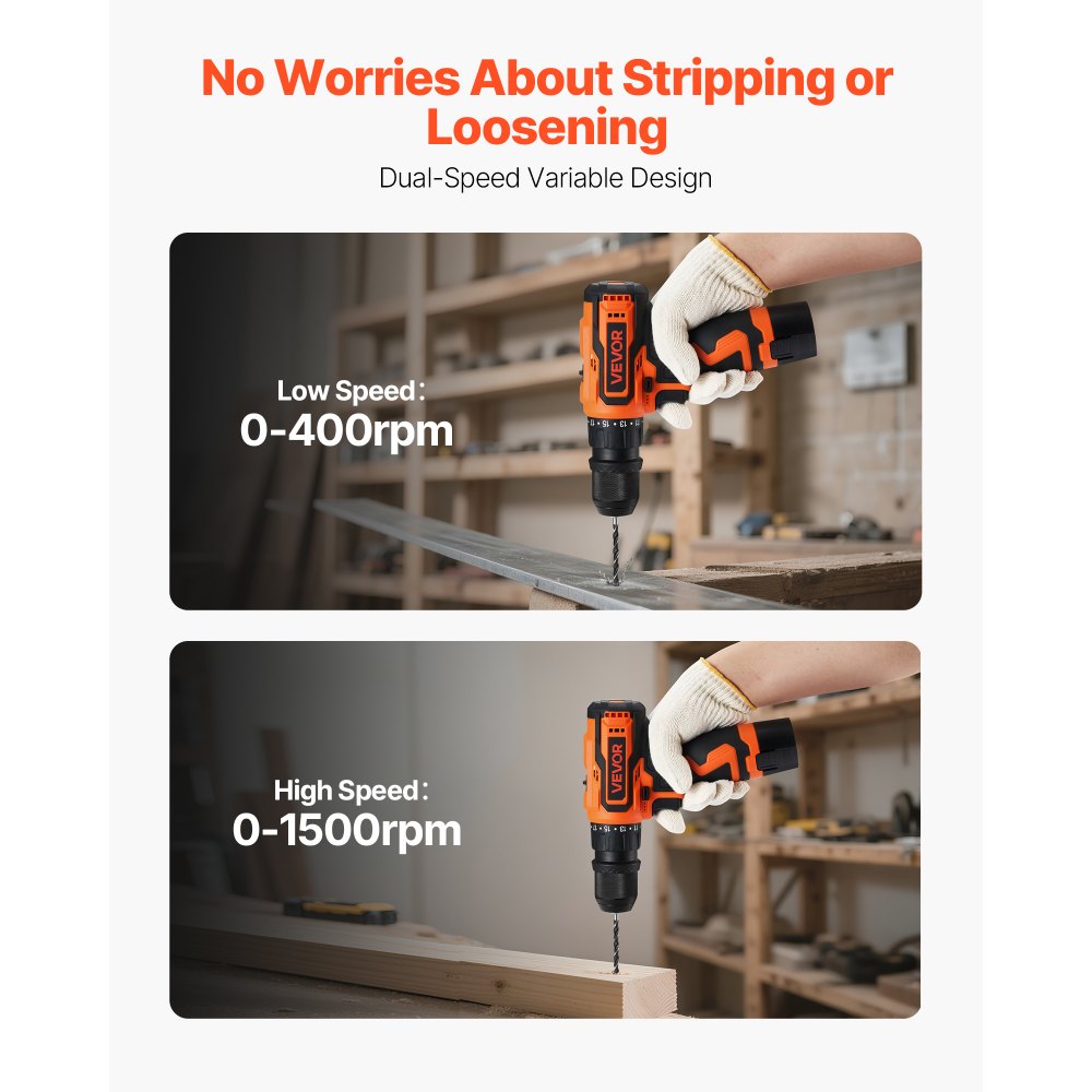 VEVOR Cordless Drill Driver, 5-In-1, Metal Chuck, Dual-Speed Variable, Drill Driver Kit with 2 Lithium Batteries and Charger, Tool Box, for Wood and Metal Drilling, Screw Tightening or Loosening