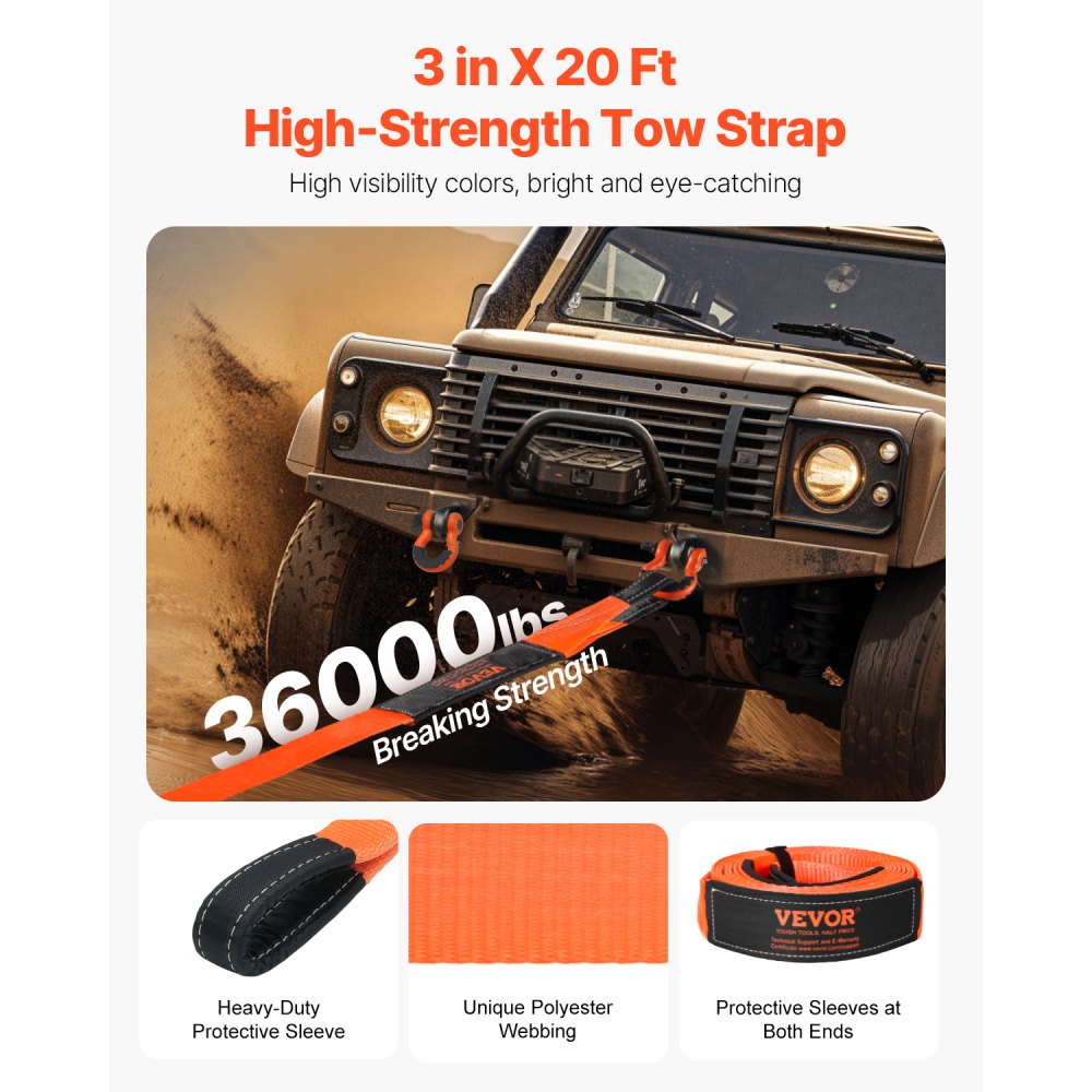 VEVOR Heavy Duty Tow Strap Recovery Kit 3 in x 20 ft (MBS-36,000 lbs) Tree Saver Winch Strap, Triple Reinforced Loop & Protective Sleeves & Storage Bag, 3/4" D-Ring Shackles, for Truck Jeep SUV ATV