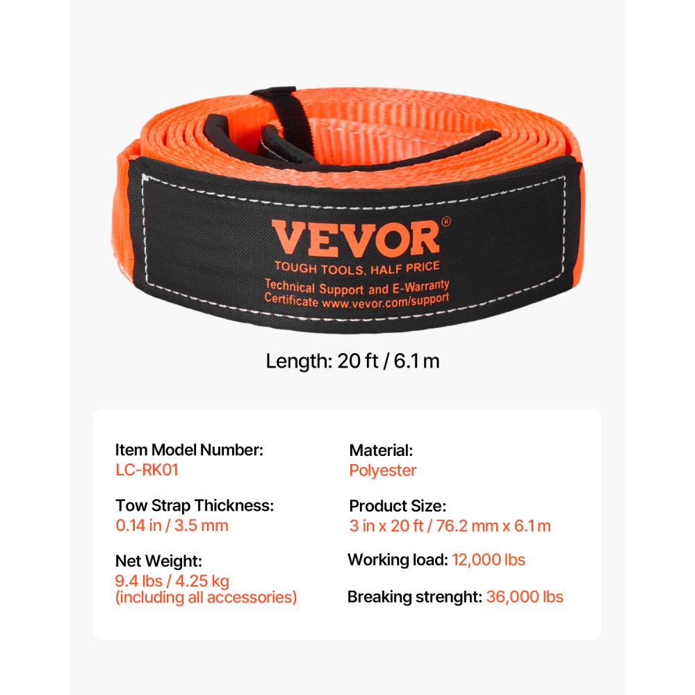VEVOR Heavy Duty Tow Strap Recovery Kit 3 in x 20 ft (MBS-36,000 lbs) Tree Saver Winch Strap, Triple Reinforced Loop & Protective Sleeves & Storage Bag, 3/4" D-Ring Shackles, for Truck Jeep SUV ATV