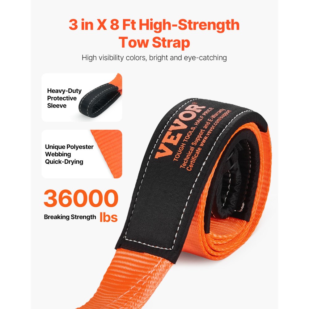VEVOR Recovery Tow Strap 3 inches, 8 feet 36,000 lbs Break Strength, Triple Reinforced Loop Straps, Tree Saver, Winch Line Extension Strap, Off Road Towing and Recovery, Extreme Weather Resistance
