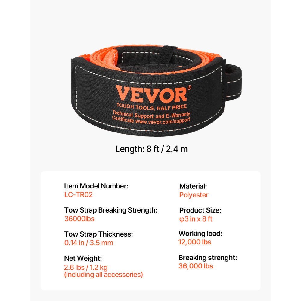 VEVOR Recovery Tow Strap 3 inches, 8 feet 36,000 lbs Break Strength, Triple Reinforced Loop Straps, Tree Saver, Winch Line Extension Strap, Off Road Towing and Recovery, Extreme Weather Resistance