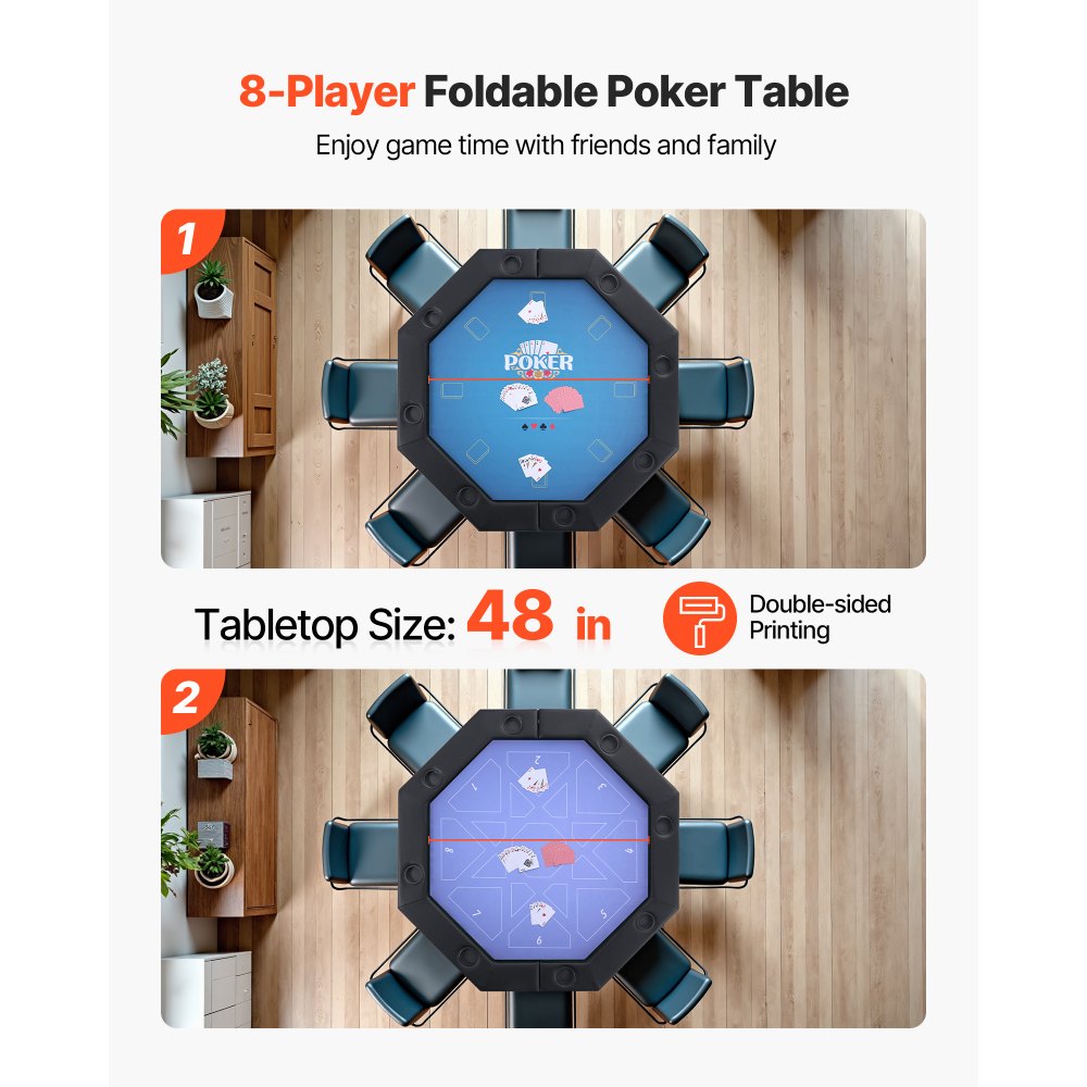 VEVOR Foldable Poker Table, 8 Player 48 in Folding Casino Leisure Table with Padded Rails & Cup Holders, Octagonal Portable Game Tables with Felt & Metal Legs, for Texas Hold'em Game and Blackjack