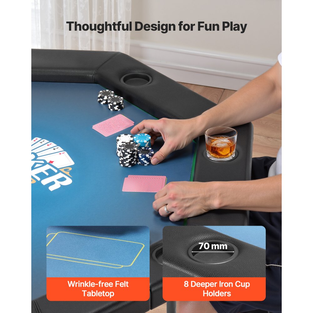 VEVOR Foldable Poker Table, 8 Player 48 in Folding Casino Leisure Table with Padded Rails & Cup Holders, Octagonal Portable Game Tables with Felt & Metal Legs, for Texas Hold'em Game and Blackjack