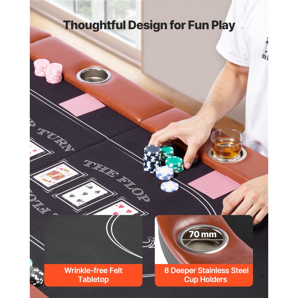 VEVOR Foldable Poker Table, 8 Player 72 in Folding Casino Leisure Table with Padded Rails and Cup Holders, Oval Portable Game Tables with Felt & Metal Legs, for Texas Hold'em Game and Blackjack
