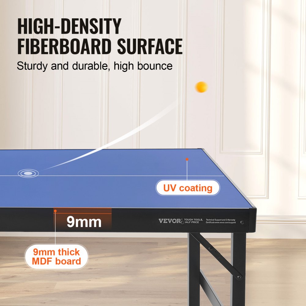 VEVOR Ping Pong Table, Mid-Size Table Tennis Game, Indoor MDF Table Tennis Table, Foldable Portable Complete Ping Pong Table Set with Net, 2 Paddles, 3 Balls, Carry Bag, Handle (No Assembly Required)