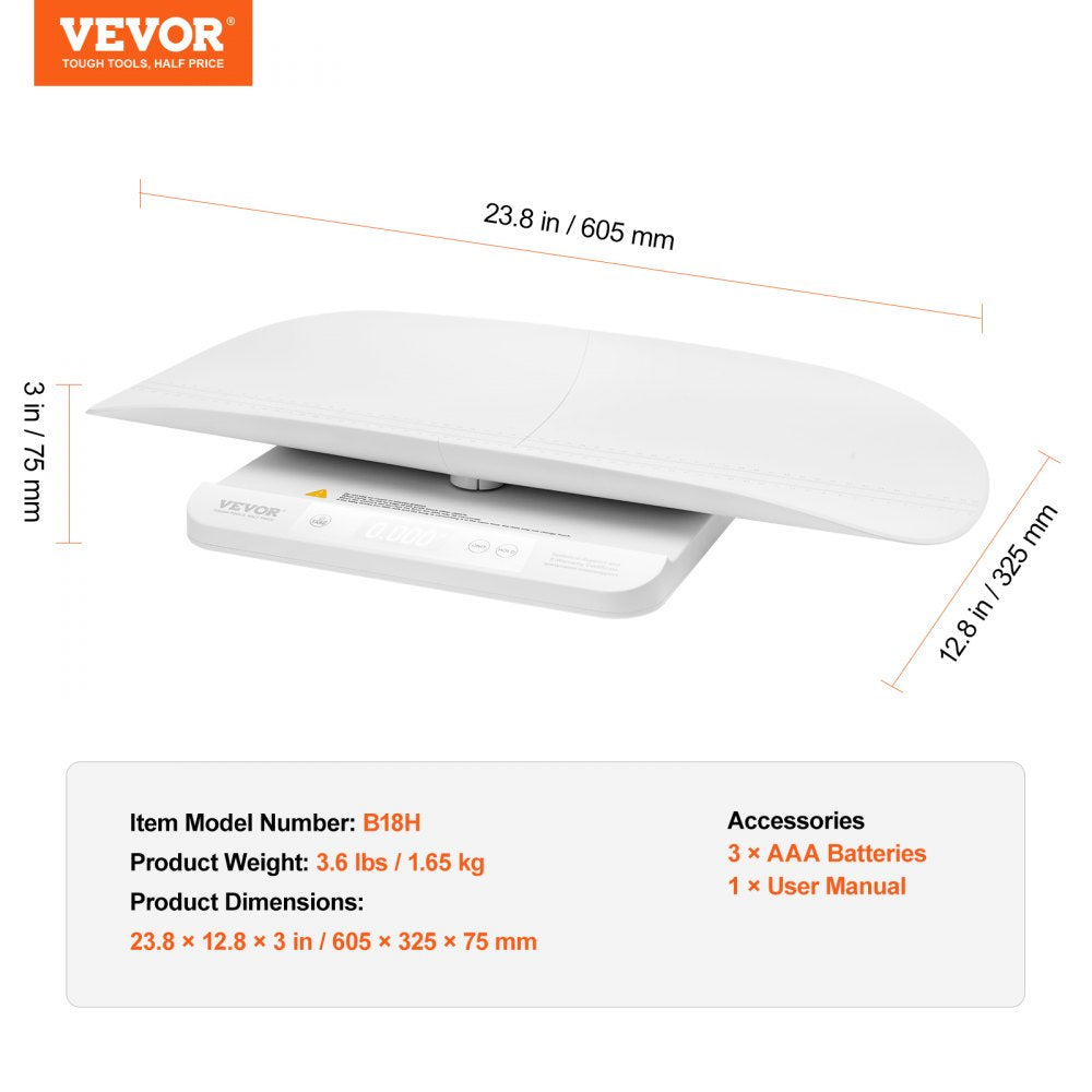 VEVOR Baby Scale, 2-in-1 Infant Weight Scale with Detachable Tray, Digital Baby Scale for Weighing with Hold & Tare Function, 5 Units for Babies, Toddler, Pet, 66LBS Capacity (3 x Battery Included)