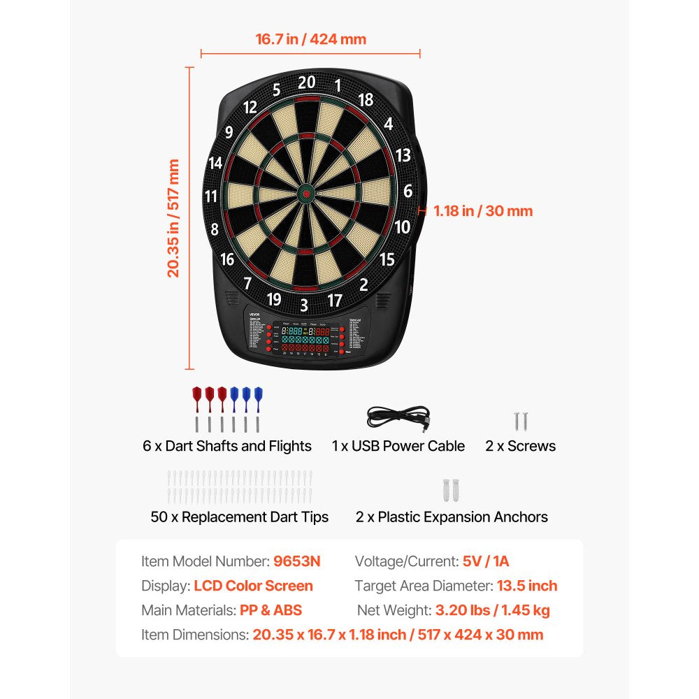 VEVOR Electronic Dart Board, 13.5" Target Dartboard with 43 Games & 200+ Variations for Up to 8 Players, 6 Dart Shafts with Flights & 50 Soft Tips, Color LCD Scoring Screen for Home Party Game Rooms