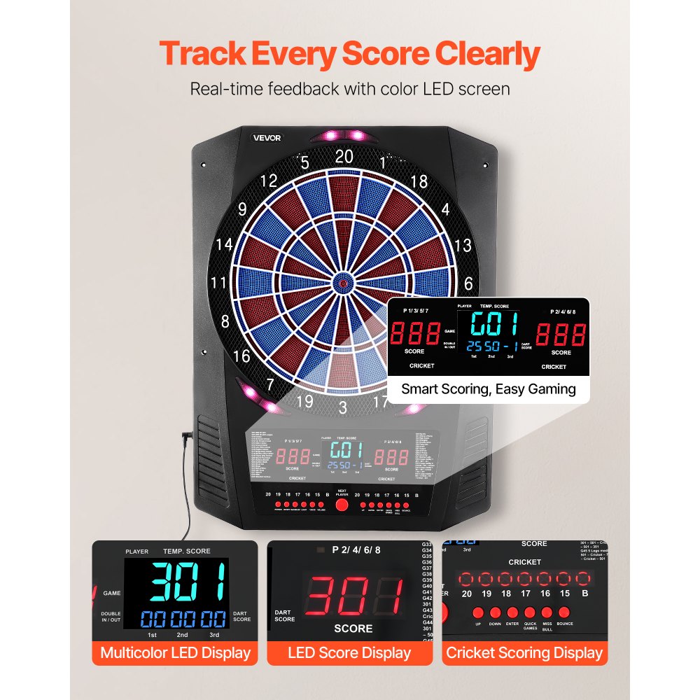 VEVOR Electronic Dart Board, 13.5" Target Dartboard with 45 Games & 474 Variations for Up to 8 Players, 6 Dart Shafts with Flights & 50 Soft Tips, Color LED Cricket Scoring Screen for Home Party Bar