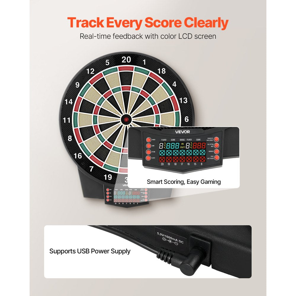 VEVOR Electronic Dart Board, 15.5" Target Dartboard with 43 Games & 320+ Variations for Up to 8 Players, 6 Dart Shafts with Flights & 50 Soft Tips, Color LCD Scoring Screen for Home Party Game Room