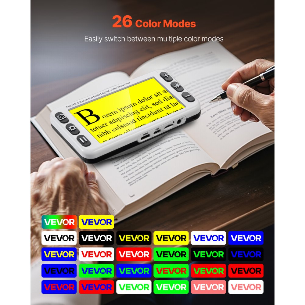 VEVOR Portable Digital Magnifier, 5-inch HD Electronic Video Magnifier for Low Version, 2X - 48X Electronic Reading Aid with 13MP Near & Far Dual Lens, 26 Color Mode, AV/HDMI Output & Foldable Handle