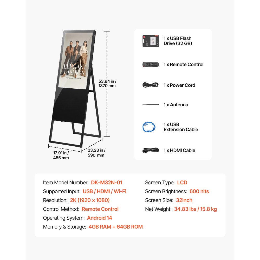 VEVOR 32 in Indoor Digital Signage Floor Standing Advertising Display Kiosk, with WiFi HDMI/USB Input Android OS, 178° Wide View, LCD Screen Interactive Monitor, Commercial Totem Vertical Poster