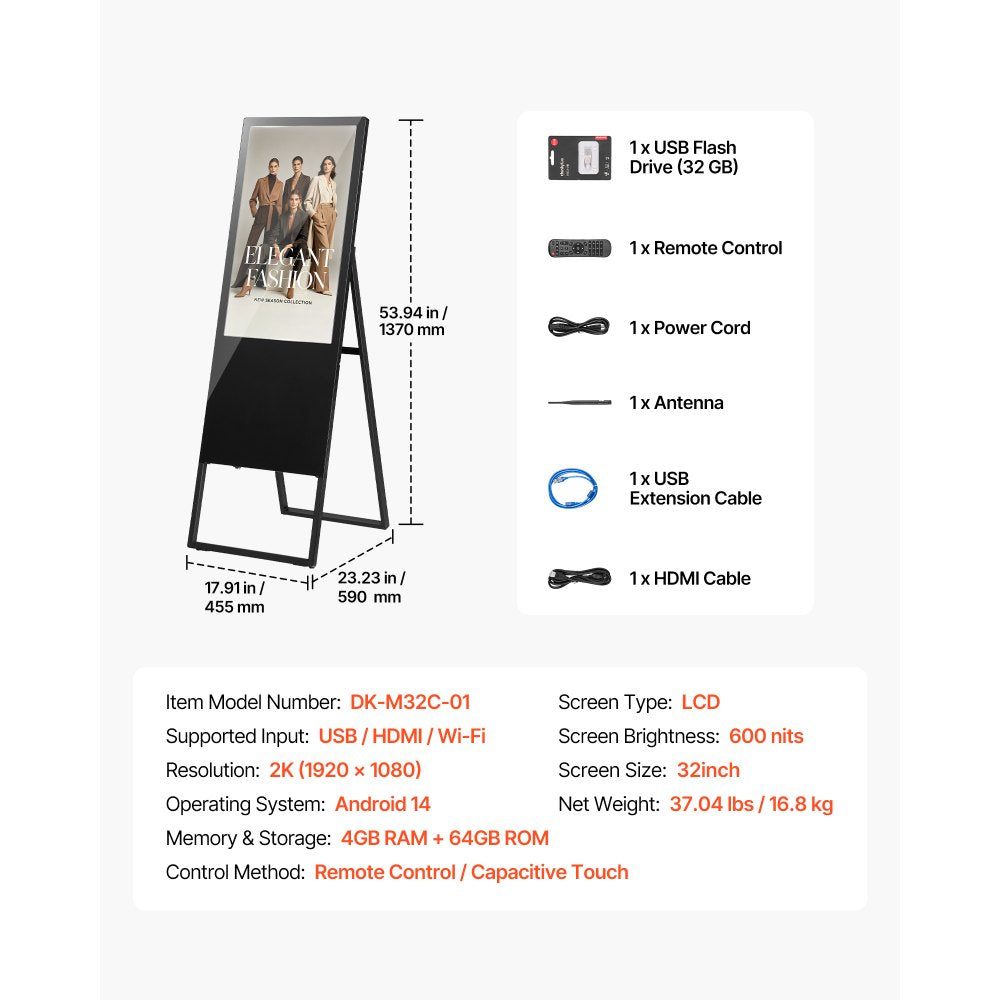 VEVOR 32 in Indoor Digital Signage Floor Standing Advertising Display Kiosk, WiFi HDMI/USB Input Android OS, 178° Wide View, LCD Touchscreen Interactive Monitor, Commercial Totem Vertical Poster