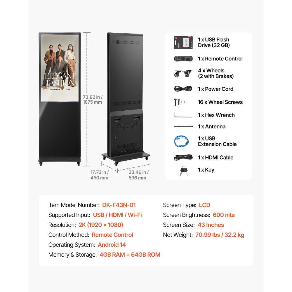 VEVOR 43 in Indoor Digital Signage Floor Standing Advertising Display Kiosk, with WiFi HDMI/USB Input Android OS, 178° Wide View, LCD Screen Interactive Monitor, Mobile Commercial Totem Poster