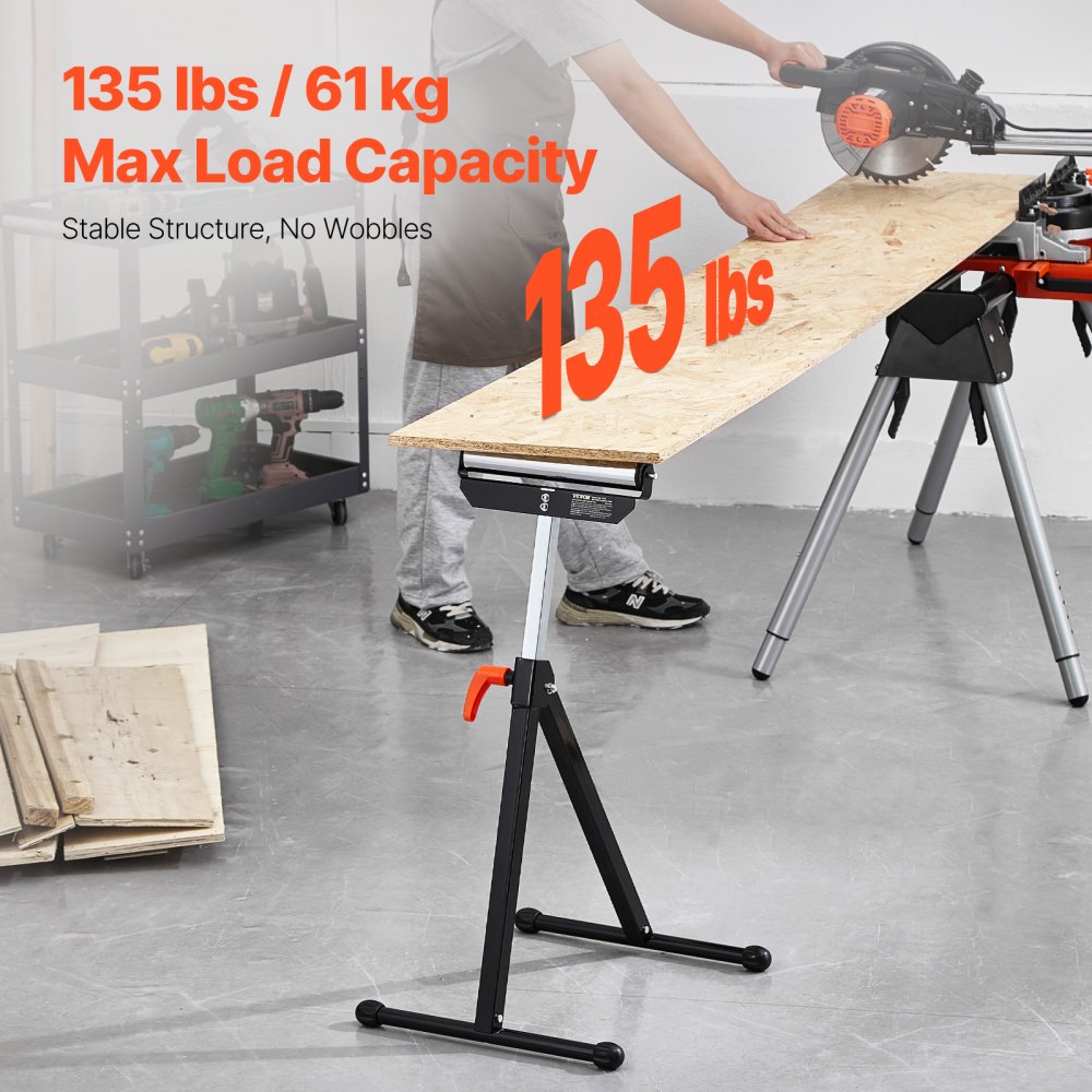 VEVOR 2-Pack Roller Stands, 135 lb Load Capacity, 26.8-42.5'' Adjustable Height, Folding Heavy Duty Design with 11.5 in Polished Steel Roller Head, for Table Saw Outfeed Woodworking Extension Support