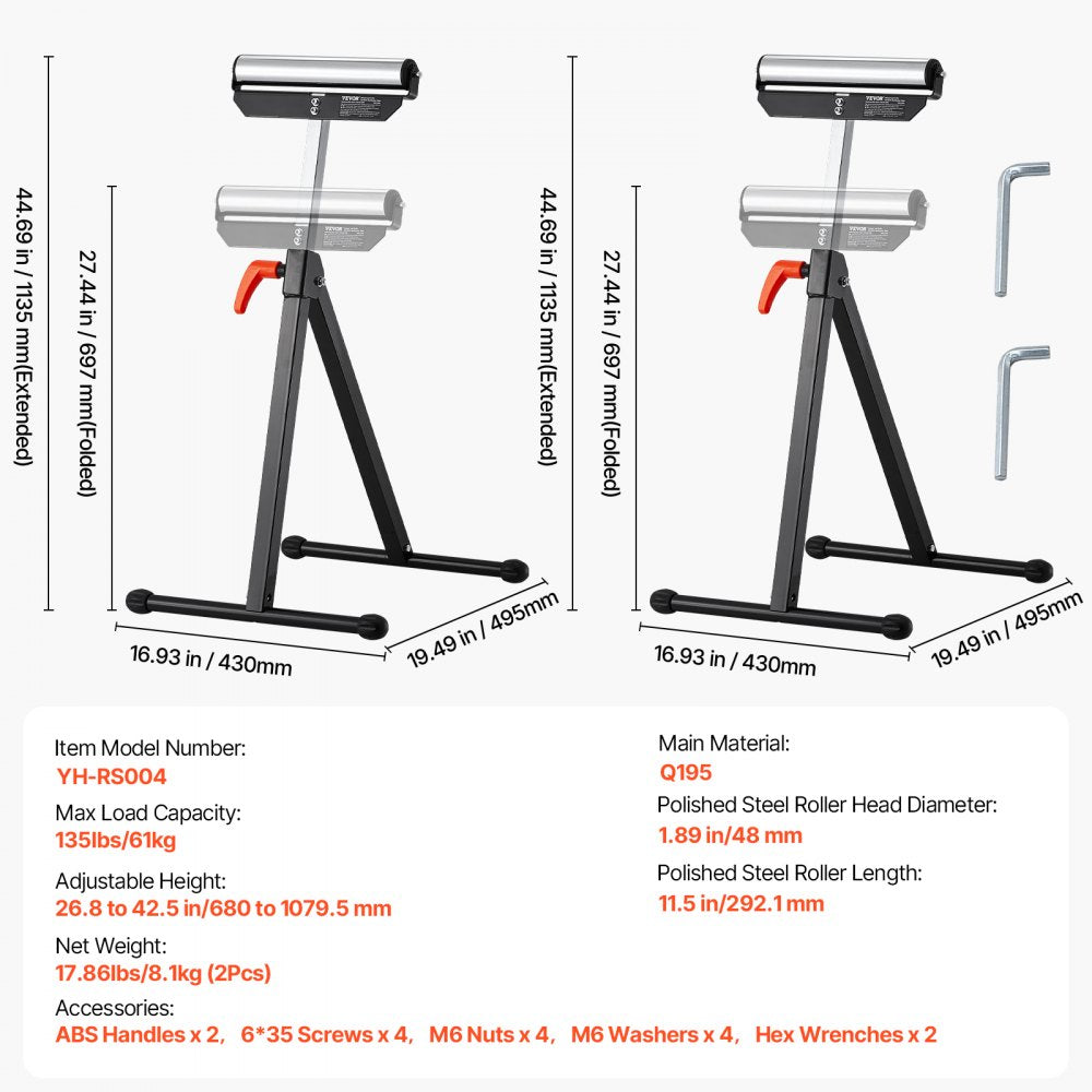 VEVOR 2-Pack Roller Stands, 135 lb Load Capacity, 26.8-42.5'' Adjustable Height, Folding Heavy Duty Design with 11.5 in Polished Steel Roller Head, for Table Saw Outfeed Woodworking Extension Support
