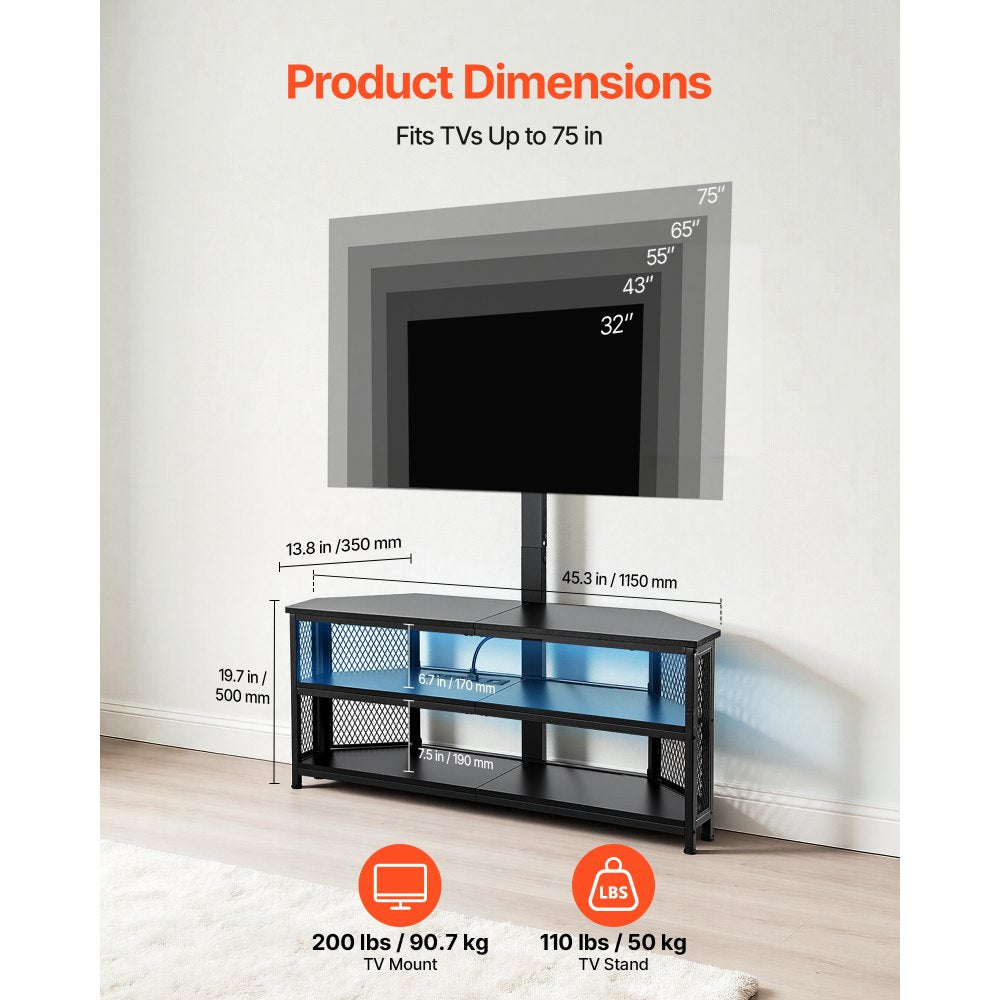VEVOR TV Stand with Mount, 45.3 Inch, Corner TV Stand Console with Power Outlet, for 32-75 Inch TVs, Height Adjustable Swivel Entertainment Center with Storage & LED Lights, for Living Room, Black