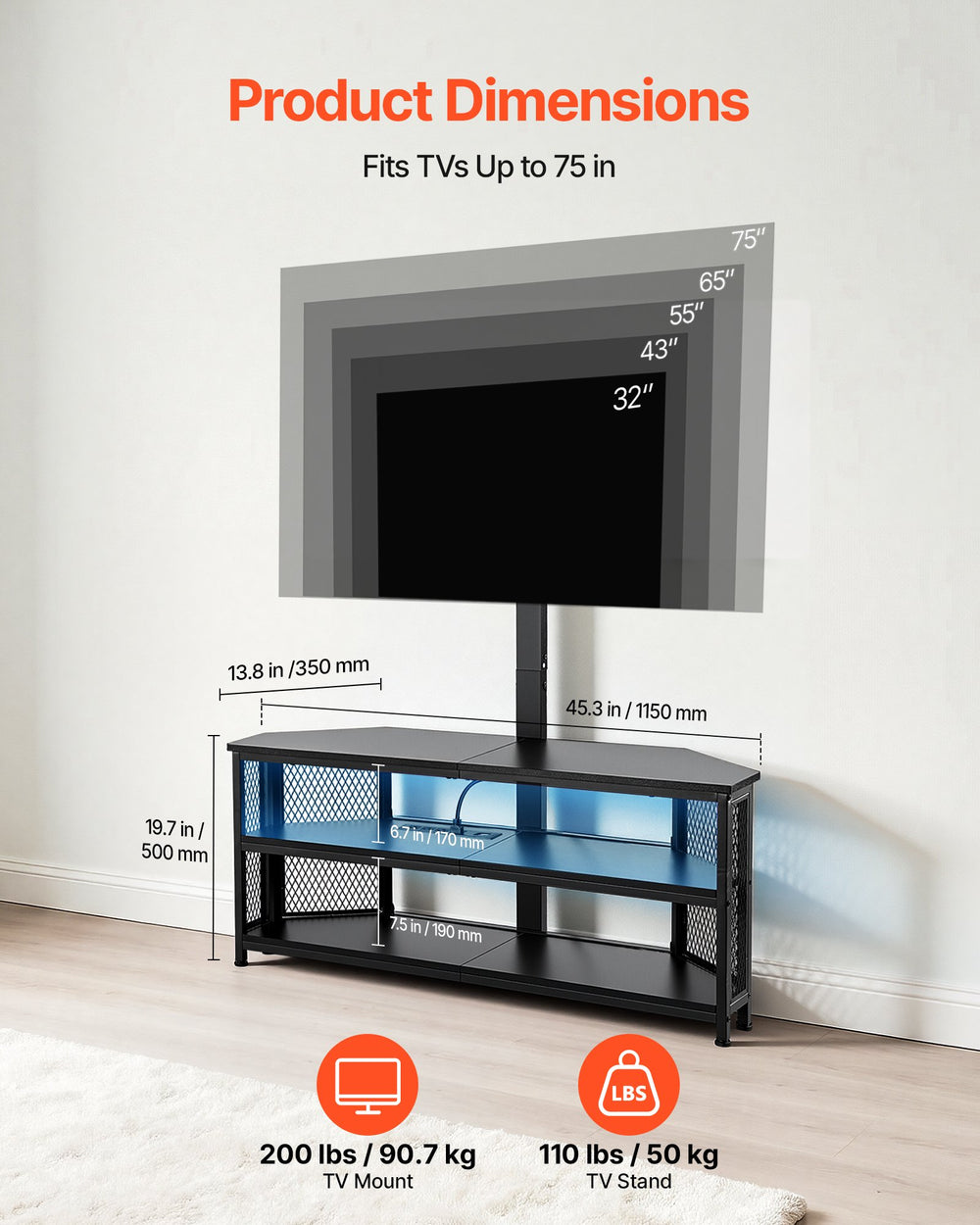 VEVOR TV Stand with Mount, 45.3 Inch, Corner TV Stand Console with Power Outlet, for 32-75 Inch TVs, Height Adjustable Swivel Entertainment Center with Storage & LED Lights, for Living Room, Black