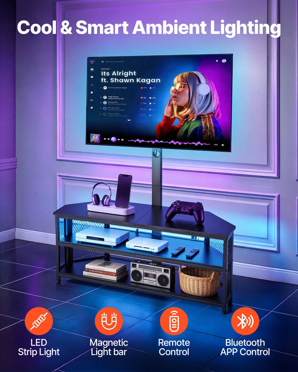 VEVOR TV Stand with Mount, 45.3 Inch, Corner TV Stand Console with Power Outlet, for 32-75 Inch TVs, Height Adjustable Swivel Entertainment Center with Storage & LED Lights, for Living Room, Black