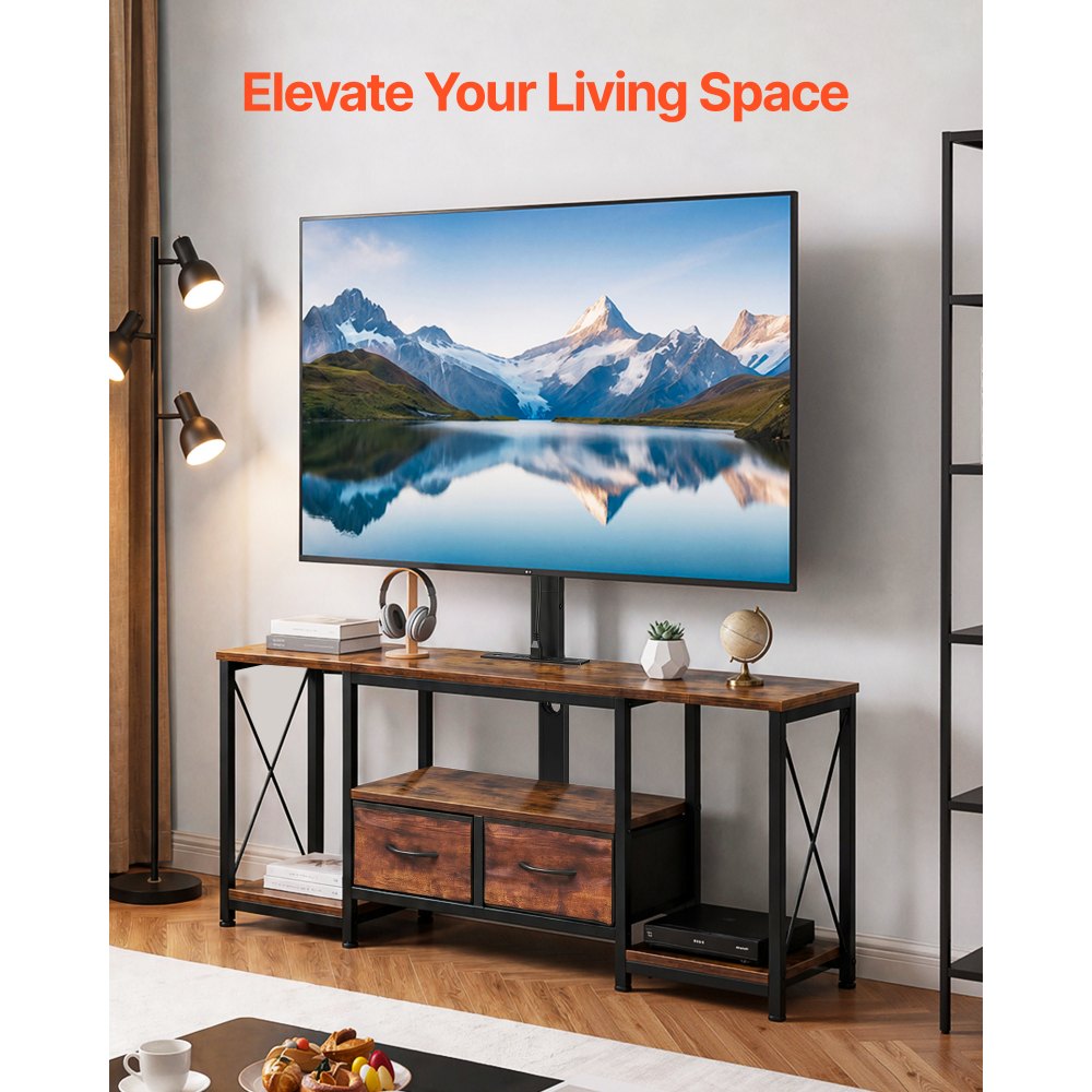 VEVOR TV Stand with Mount, 47.2 Inch, TV Stand Console with Power Outlet & Storage Drawers, for 32-75 Inch TVs, Height Adjustable Entertainment Center with LED Lights, for Living Room, Rustic Brown