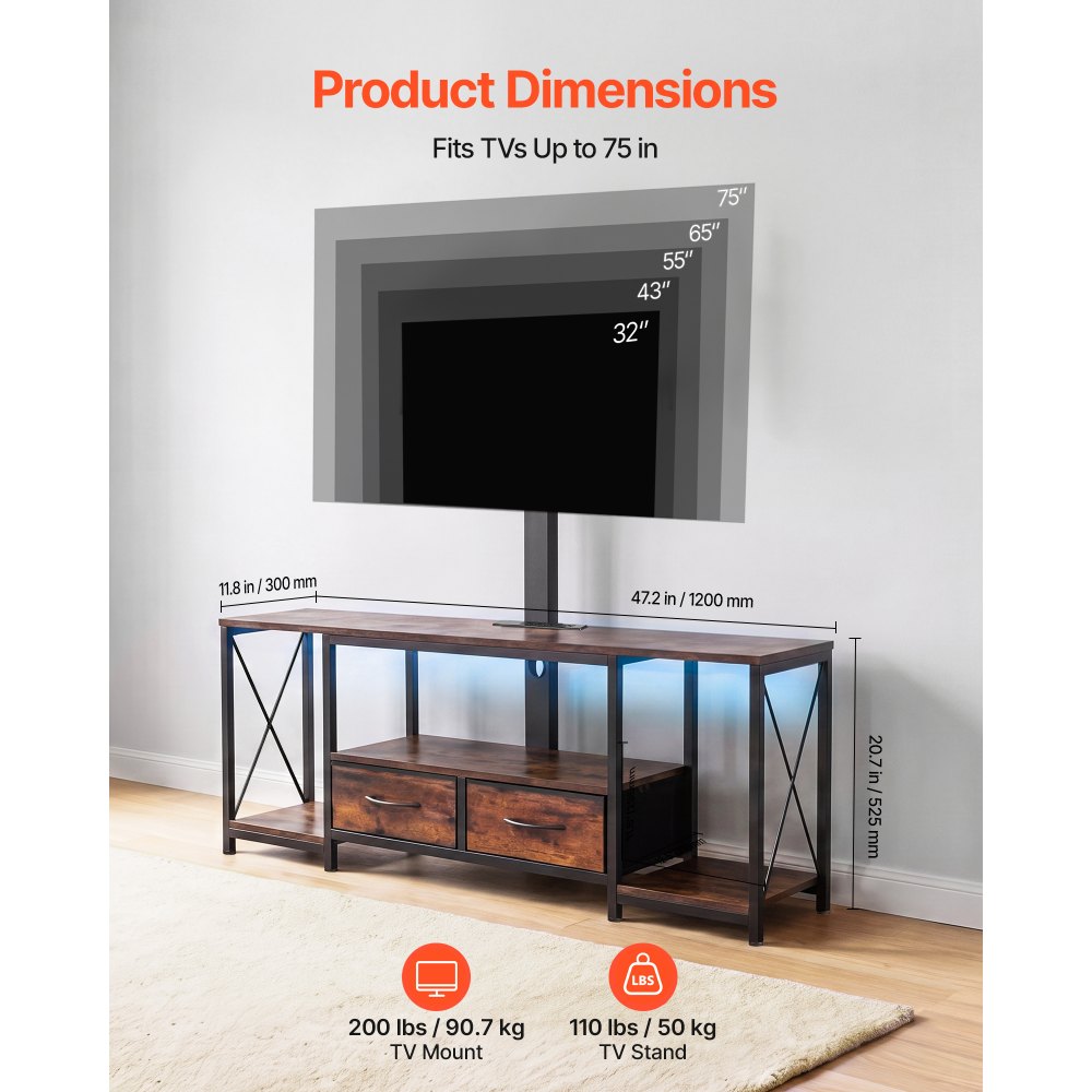 VEVOR TV Stand with Mount, 47.2 Inch, TV Stand Console with Power Outlet & Storage Drawers, for 32-75 Inch TVs, Height Adjustable Entertainment Center with LED Lights, for Living Room, Rustic Brown