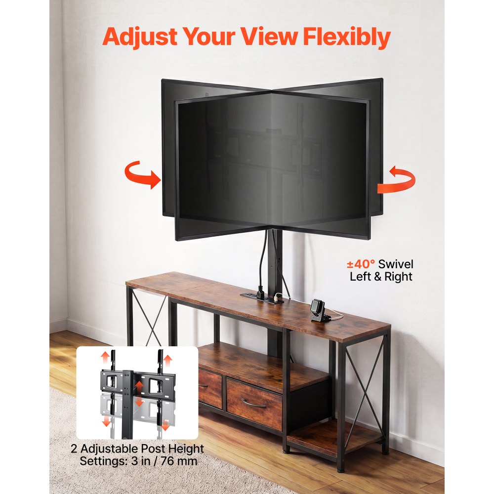 VEVOR TV Stand with Mount, 47.2 Inch, TV Stand Console with Power Outlet & Storage Drawers, for 32-75 Inch TVs, Height Adjustable Entertainment Center with LED Lights, for Living Room, Rustic Brown
