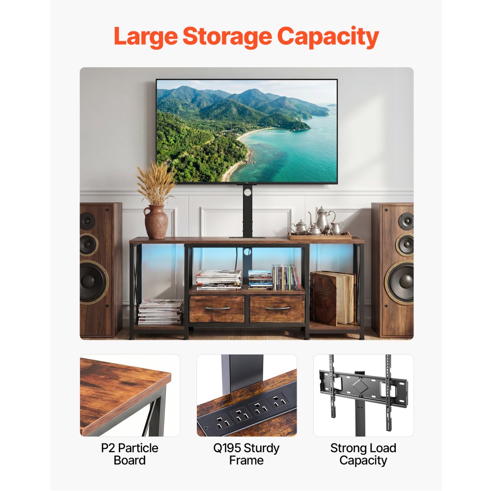 VEVOR TV Stand with Mount, 47.2 Inch, TV Stand Console with Power Outlet & Storage Drawers, for 32-75 Inch TVs, Height Adjustable Entertainment Center with LED Lights, for Living Room, Rustic Brown
