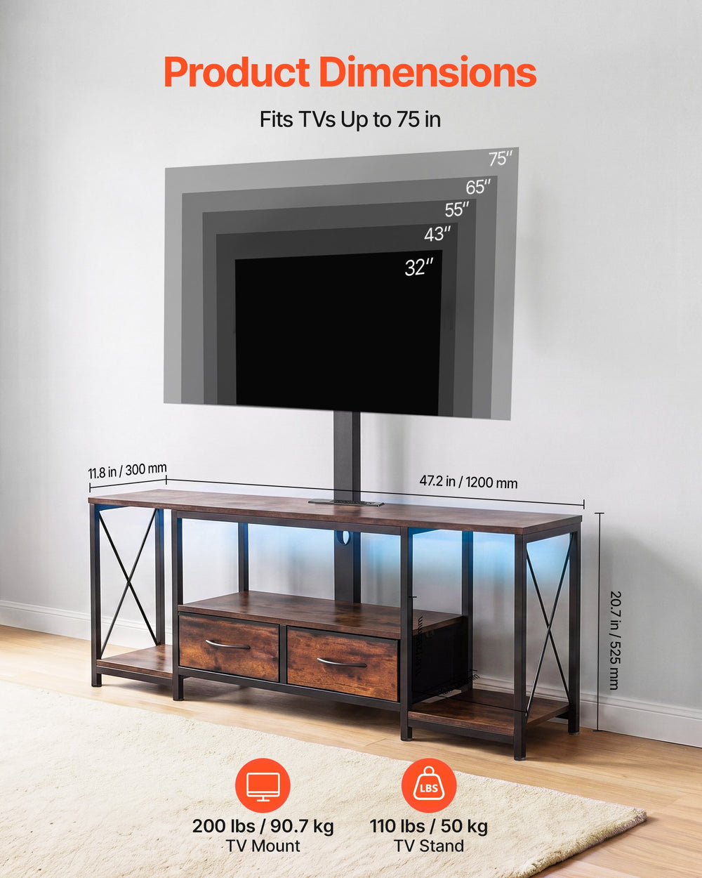 VEVOR TV Stand with Mount, 47.2 Inch, TV Stand Console with Power Outlet & Storage Drawers, for 32-75 Inch TVs, Height Adjustable Entertainment Center with LED Lights, for Living Room, Rustic Brown