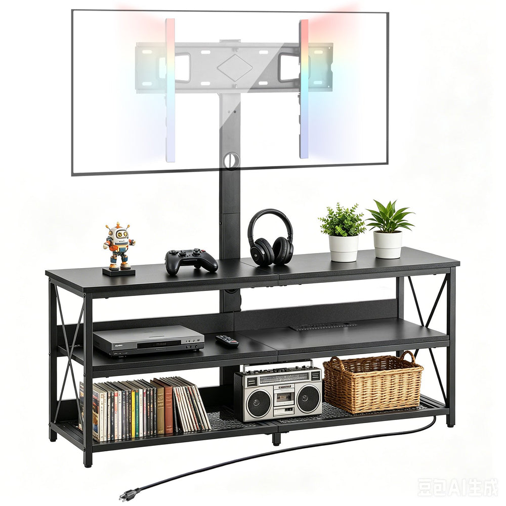 VEVOR TV Stand with Mount, 47.2 Inch, TV Stand Console with Power Outlet, for 32-75 Inch TVs, Height Adjustable Swivel Entertainment Center with Open Storage Shelf, for Living Room Bedroom, Black