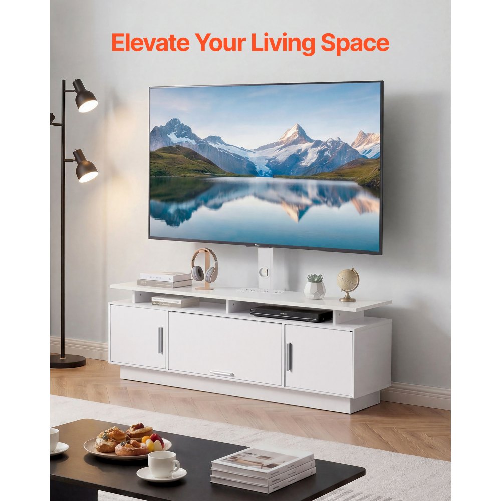 VEVOR TV Stand with Mount, 59.1 Inch, Swivel TV Stand Console with Power Outlet, for 32-75 Inch TVs, Height Adjustable Modern Entertainment Center with Storage & LED Lights, for Living Room, White