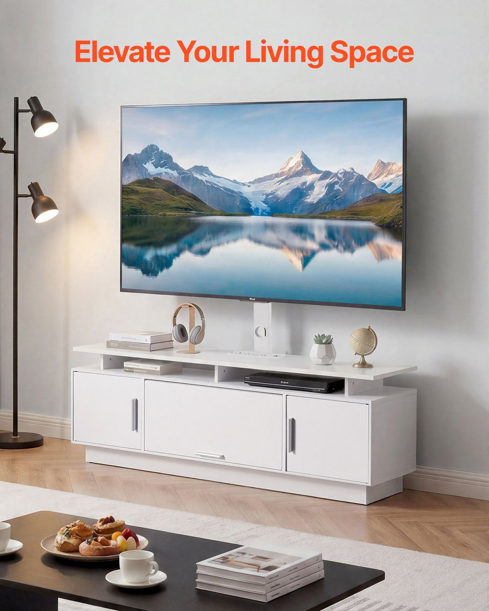 VEVOR TV Stand with Mount, 59.1 Inch, Swivel TV Stand Console with Power Outlet, for 32-75 Inch TVs, Height Adjustable Modern Entertainment Center with Storage & LED Lights, for Living Room, White
