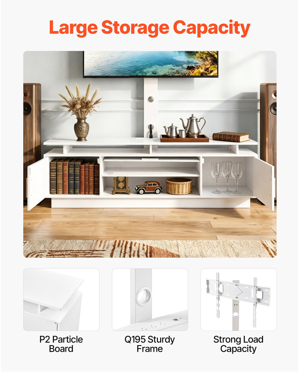 VEVOR TV Stand with Mount, 59.1 Inch, Swivel TV Stand Console with Power Outlet, for 32-75 Inch TVs, Height Adjustable Modern Entertainment Center with Storage & LED Lights, for Living Room, White