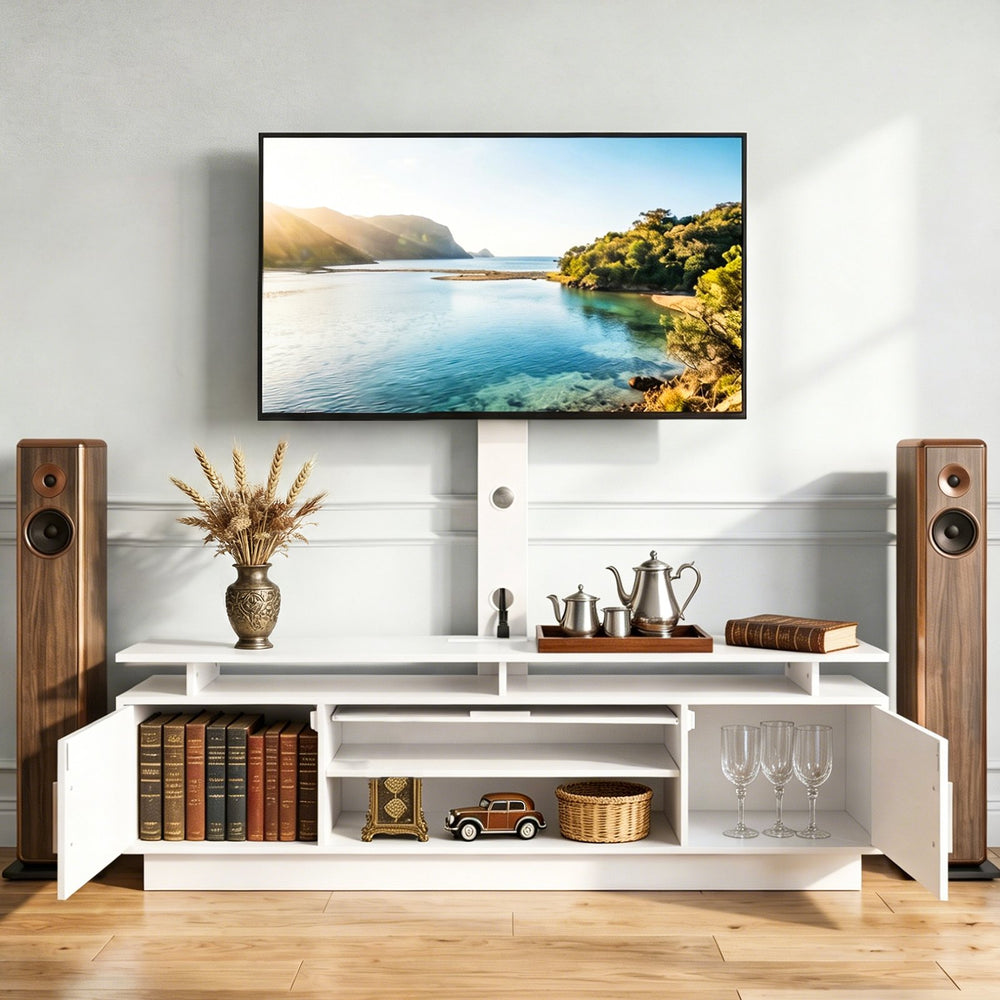 VEVOR TV Stand with Mount, 59.1 Inch, Swivel TV Stand Console with Power Outlet, for 32-75 Inch TVs, Height Adjustable Modern Entertainment Center with Storage & LED Lights, for Living Room, White