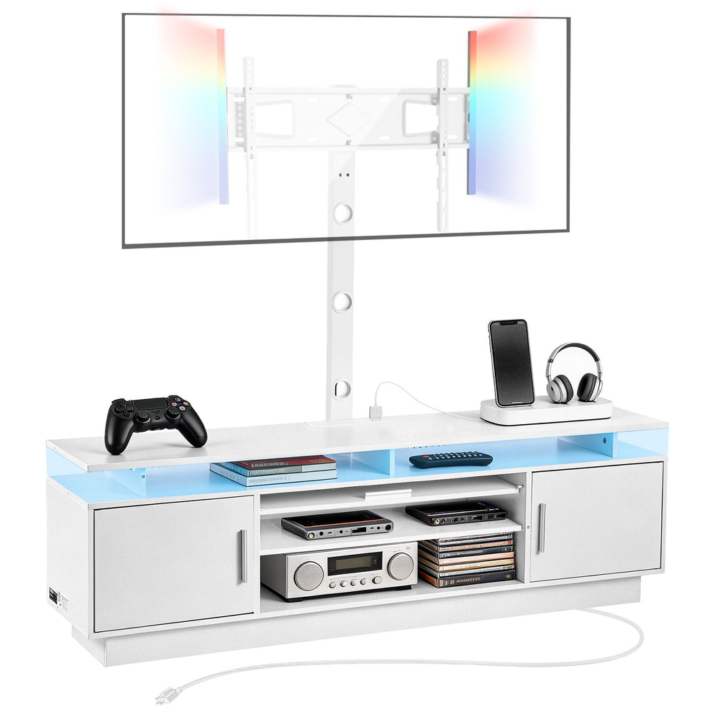 VEVOR TV Stand with Mount, 59.1 Inch, Swivel TV Stand Console with Power Outlet, for 32-75 Inch TVs, Height Adjustable Modern Entertainment Center with Storage & LED Lights, for Living Room, White