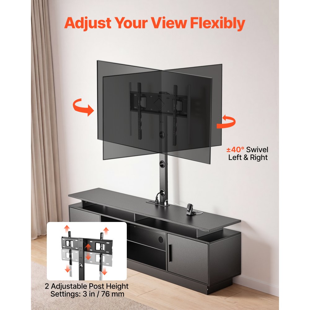 VEVOR TV Stand with Mount, 59.1 Inch, Swivel TV Stand Console with Power Outlet, for 32-75 Inch TVs, Height Adjustable Modern Entertainment Center with Storage & LED Lights, for Living Room, Black
