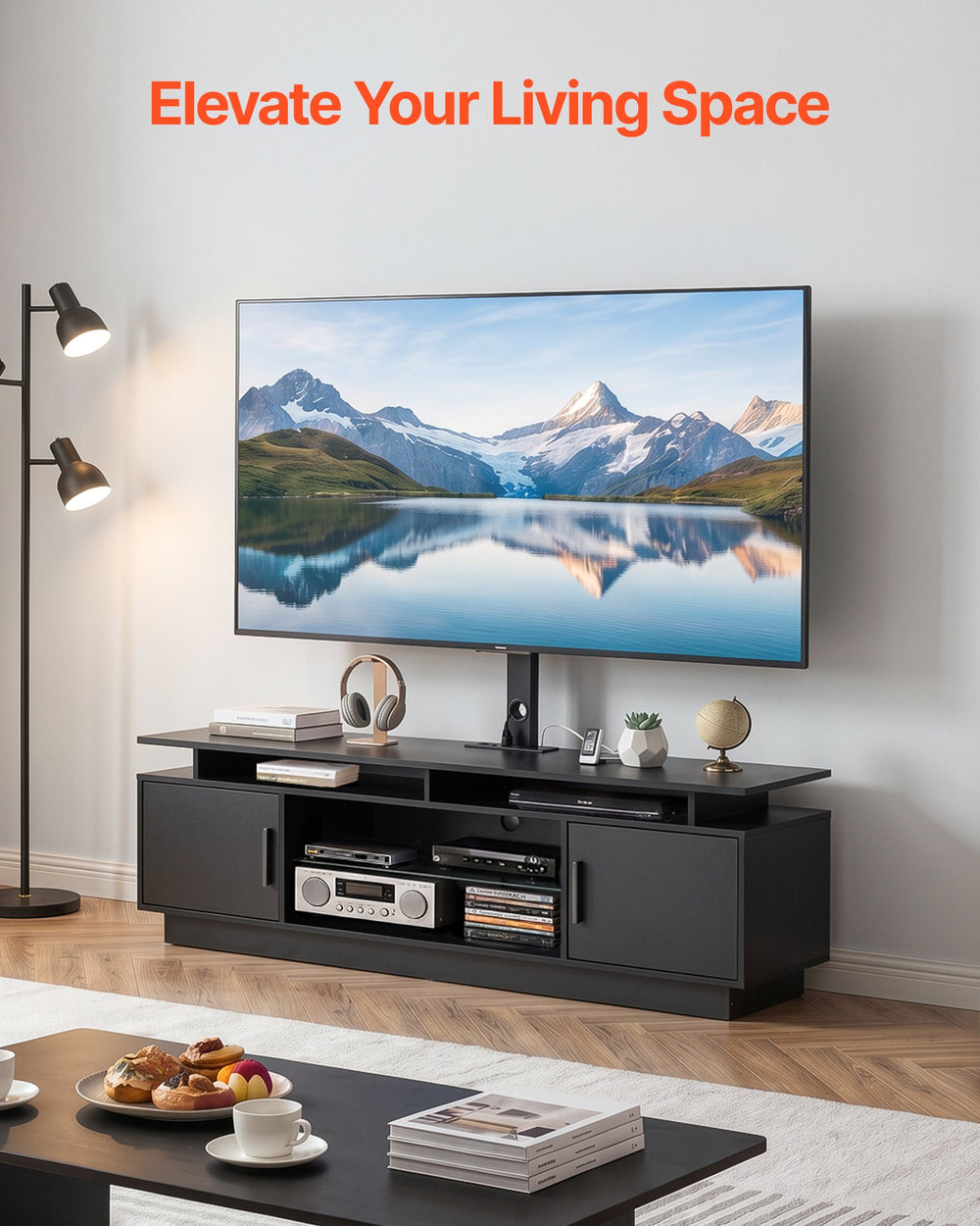 VEVOR TV Stand with Mount, 59.1 Inch, Swivel TV Stand Console with Power Outlet, for 32-75 Inch TVs, Height Adjustable Modern Entertainment Center with Storage & LED Lights, for Living Room, Black