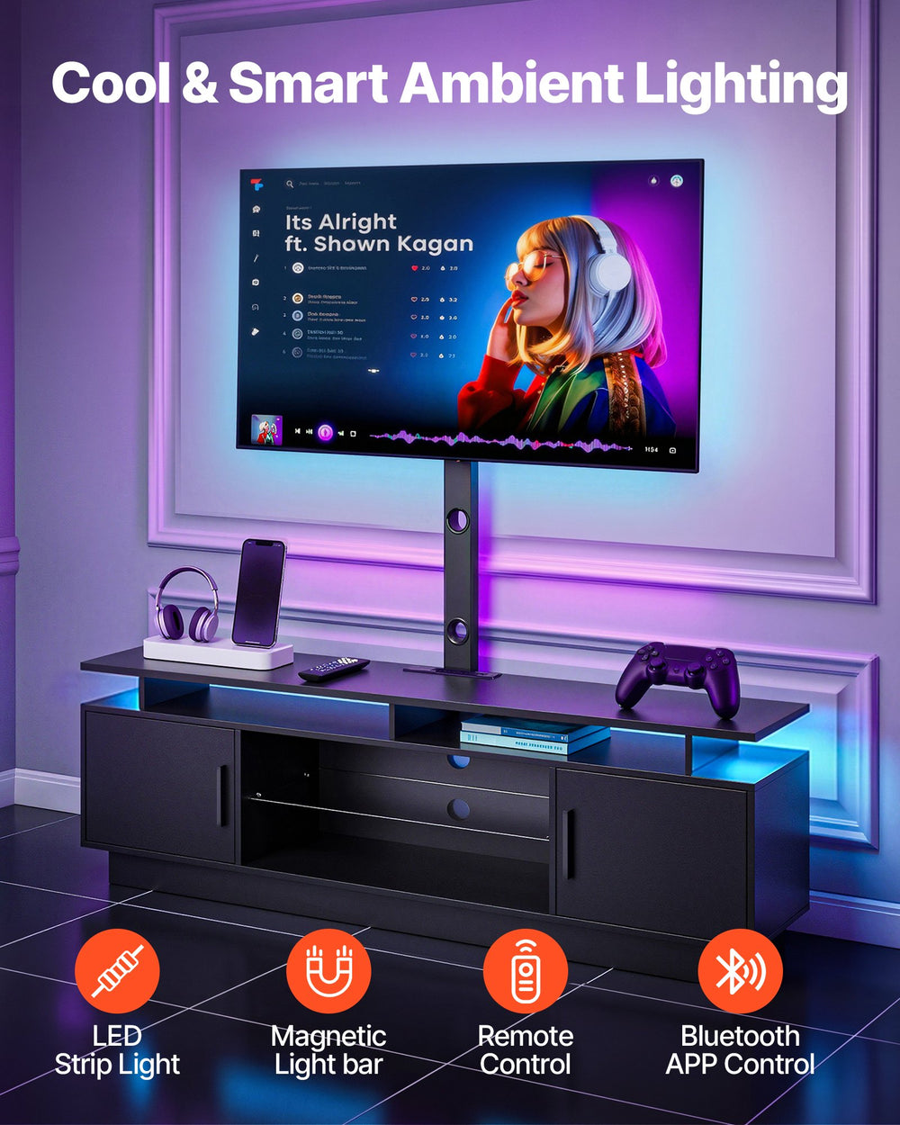 VEVOR TV Stand with Mount, 59.1 Inch, Swivel TV Stand Console with Power Outlet, for 32-75 Inch TVs, Height Adjustable Modern Entertainment Center with Storage & LED Lights, for Living Room, Black