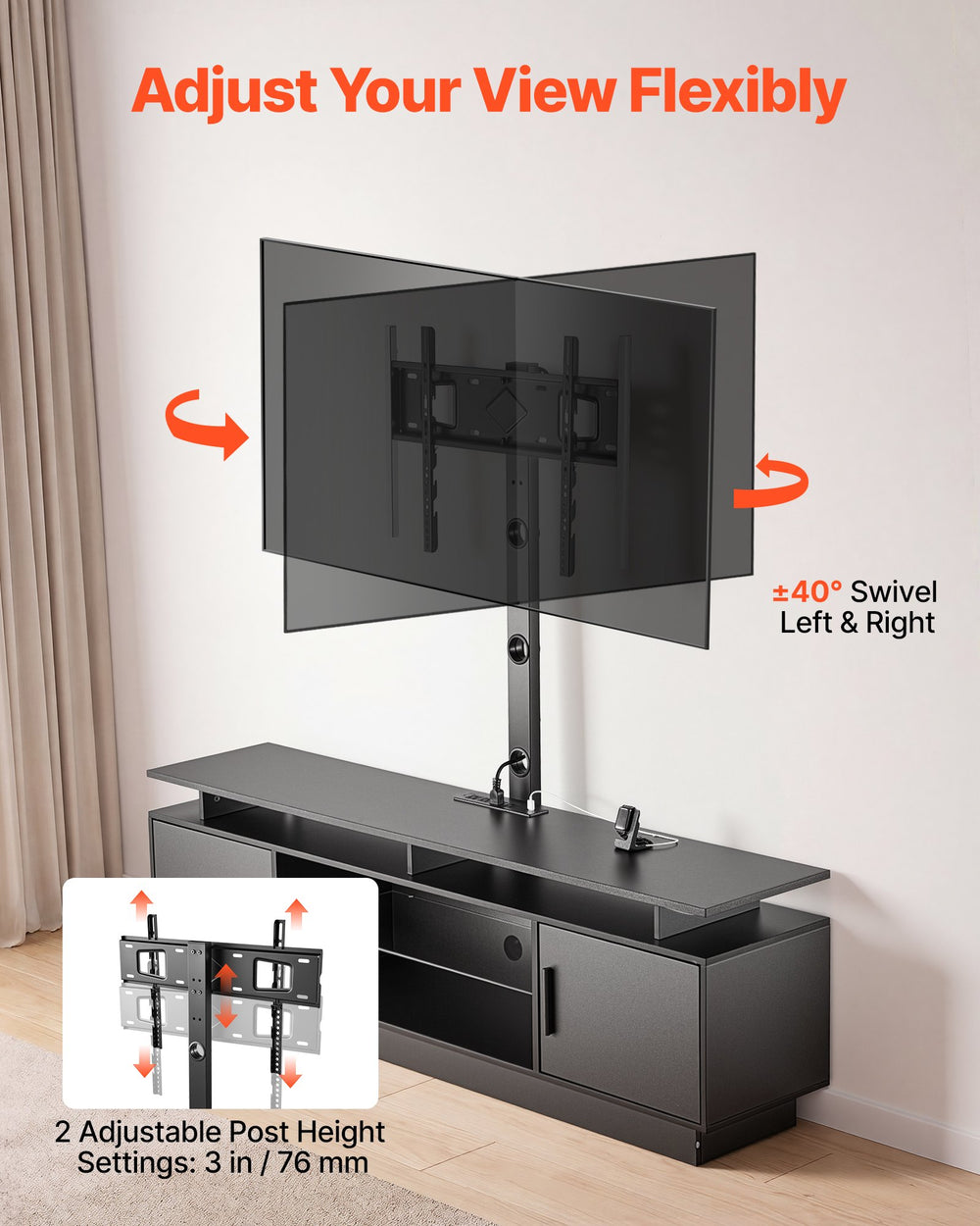 VEVOR TV Stand with Mount, 59.1 Inch, Swivel TV Stand Console with Power Outlet, for 32-75 Inch TVs, Height Adjustable Modern Entertainment Center with Storage & LED Lights, for Living Room, Black