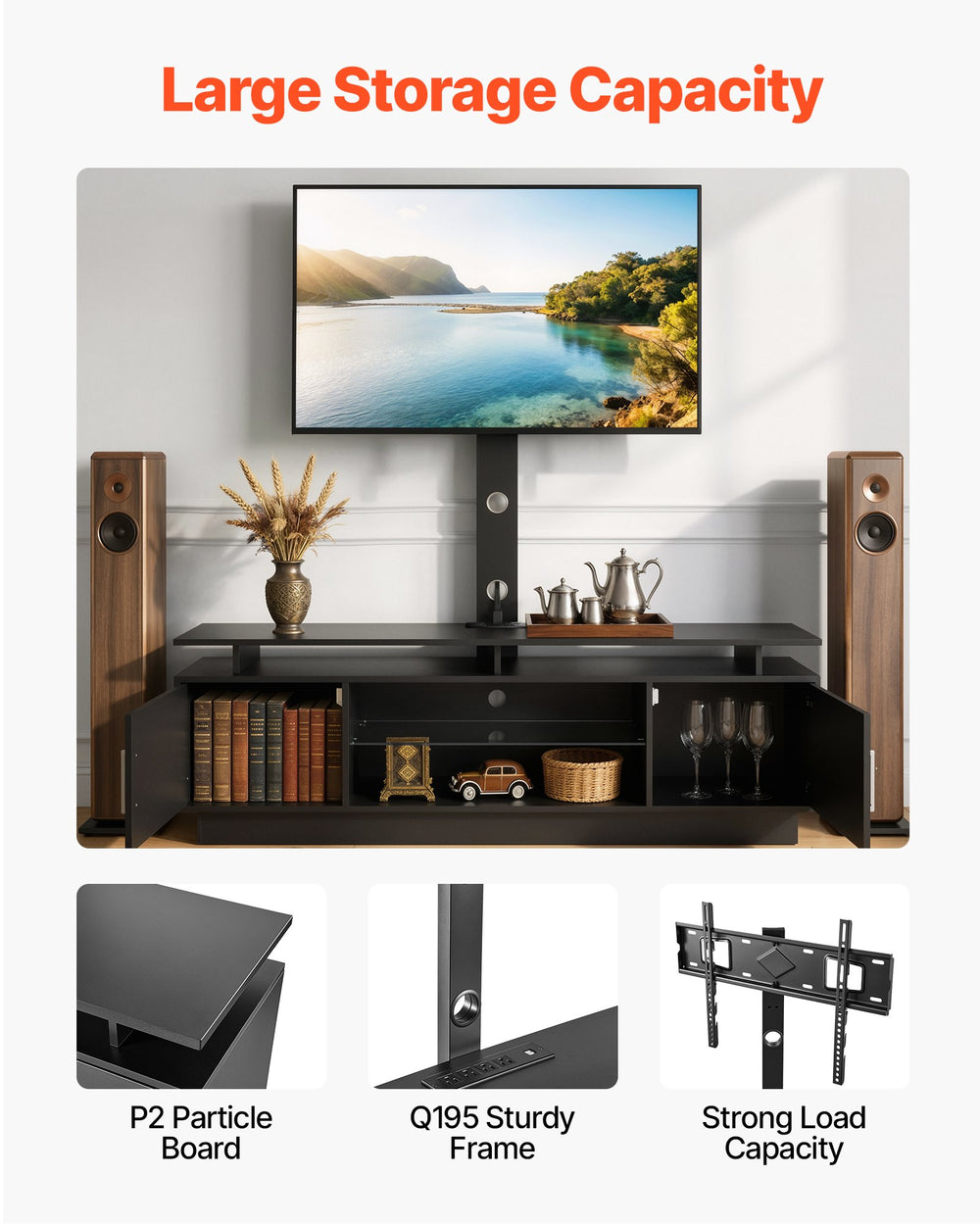 VEVOR TV Stand with Mount, 59.1 Inch, Swivel TV Stand Console with Power Outlet, for 32-75 Inch TVs, Height Adjustable Modern Entertainment Center with Storage & LED Lights, for Living Room, Black