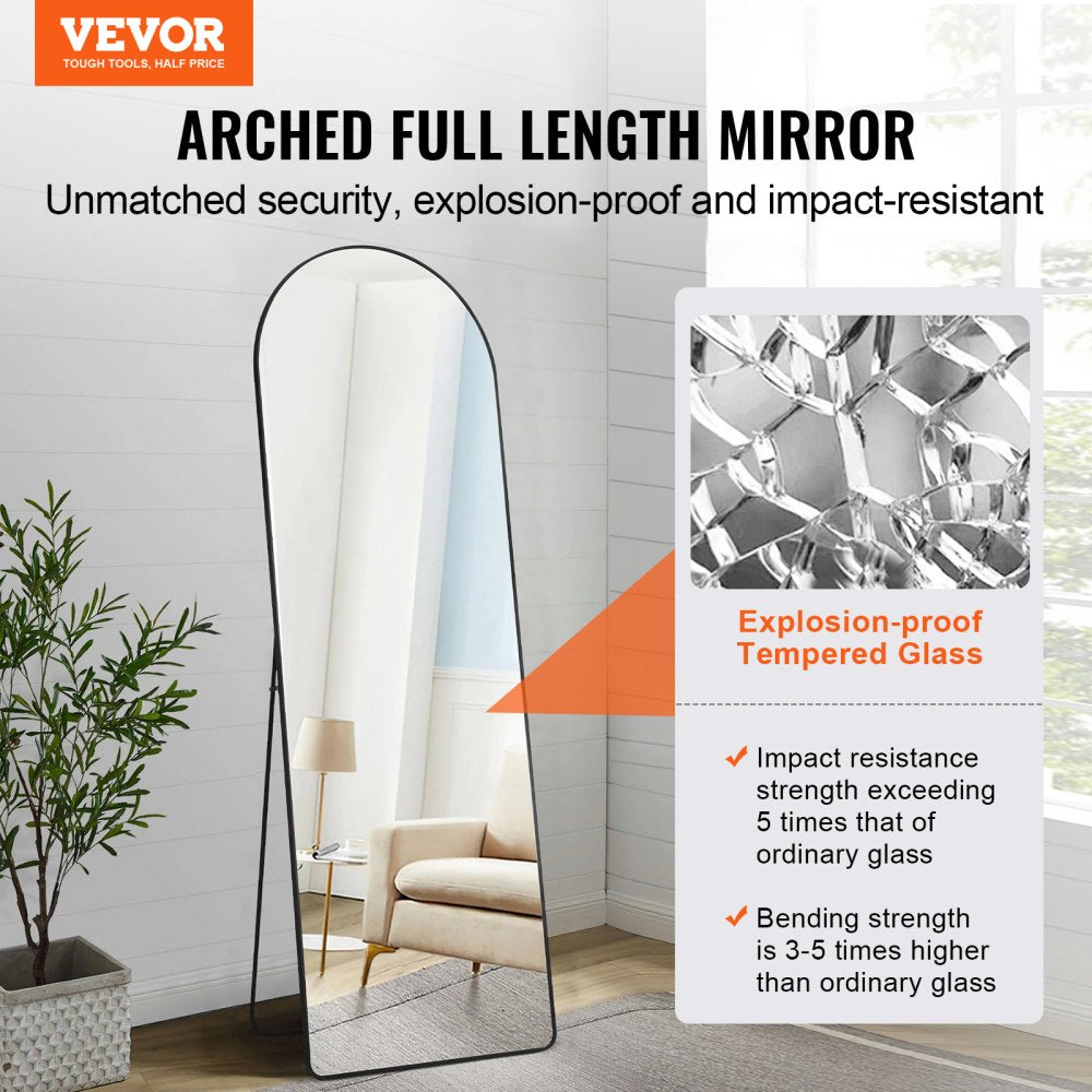 VEVOR Curved Tall Mirror, 65'' x 22'', Spacious Standalone or Wall Mount Reflective Surface with Aluminum Frame, Comprehensive View Dress Mirror for Bedroom or Living Space, Black