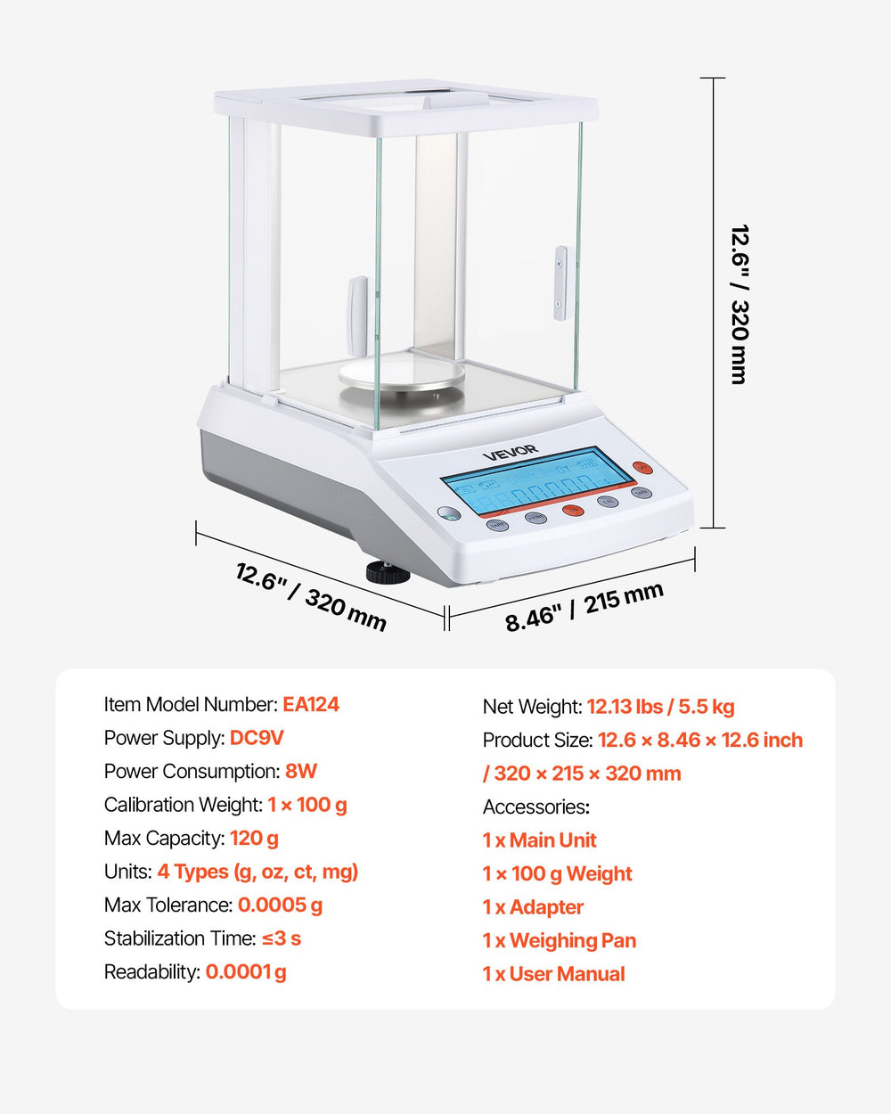 VEVOR analytical balance lab scale - accessories/packaging view