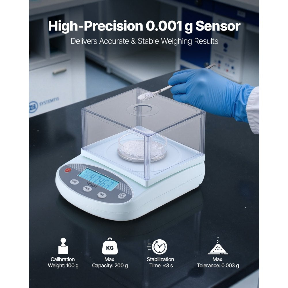 VEVOR Analytical Balance, 200 g x 0.001 g, High Precision Accuracy Lab Scale, 13 Units Electronic Digital Analytical Balance with Glass Draft Shield and Weighing Pan, for Laboratory Jewelry Pharmacy
