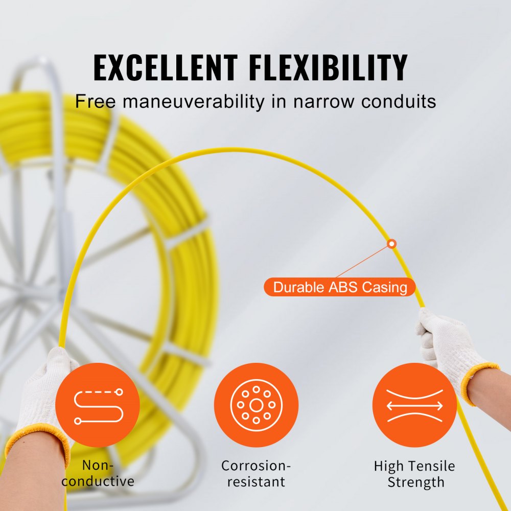 VEVOR Fish Tape Fiberglass, 425 ft, 1/4 inch, Duct Rodder Fishtape Wire Puller, Cable Running Rod with Steel Reel Stand, 3 Pulling Heads, Fishing Tools for Walls and Electrical Conduit, Non-Conductive